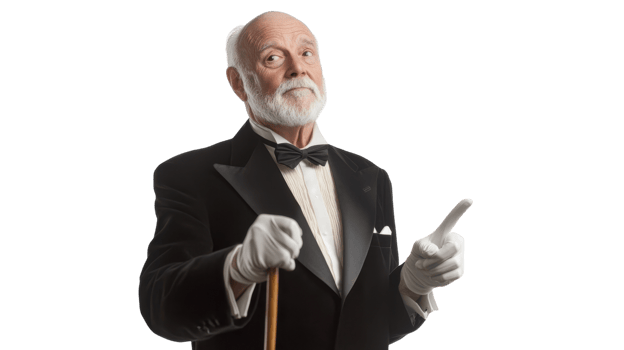 Elegant Portrait of an Elderly Man Dressed in Tuxedo with Cane, Perfect for Vintage or Formal Event Themes, Capturing the Essence of Timeless Style and Grace. png