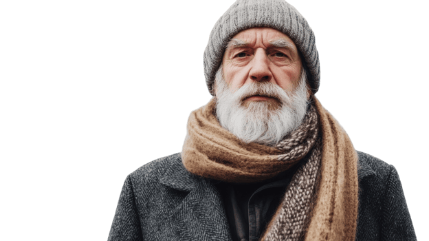 A Wisdom-filled Portrait of an Old Man in a Wool Coat with a Long Elegant Scarf, Perfect for Illustrating Stories of Age and Experience. png