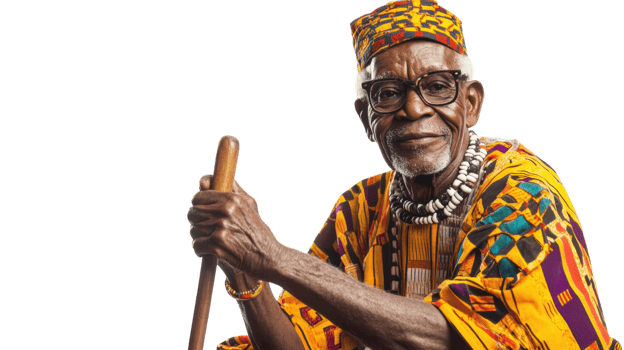 An old man in traditional African attire showcasing the elegance and cultural richness of African heritage, perfect for projects about tradition, customs, or cultural studies.. png