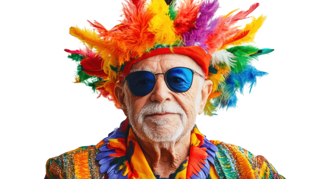 A Colorful Carnival Costume Worn by an Elderly Man Perfect for Celebrations, Festivals, and Cultural Events. png