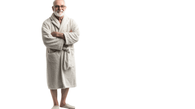 A Cozy and Relaxing Scene of an Elderly Man Dressed in a Comfortable Bathrobe and Slippers Perfect for Portraying Comfort and Warmth in Lifestyle Imagery. png
