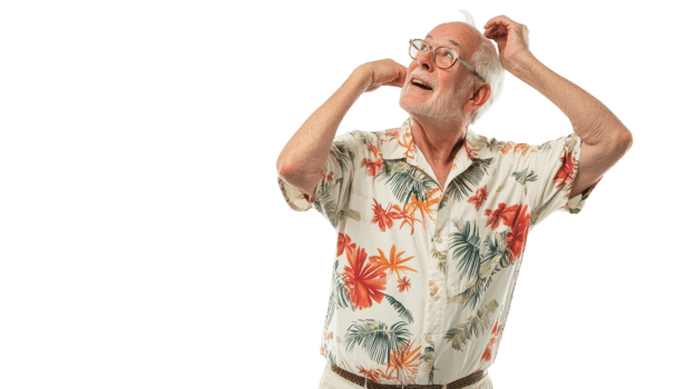 A lively and colorful portrait of an elderly man dressed in a vibrant tropical Hawaiian shirt, perfect for representing leisure and joyful moments at the beach or summer gatherings.. png