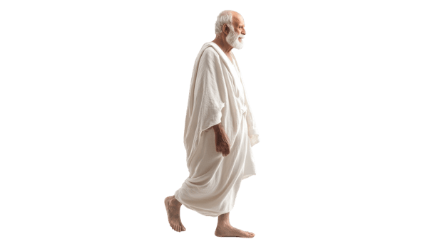 A Serene Portrait of an Elderly Man in a White Robe and Sandals, Perfect for Inspirational and Cultural Themes in Art and Media. png