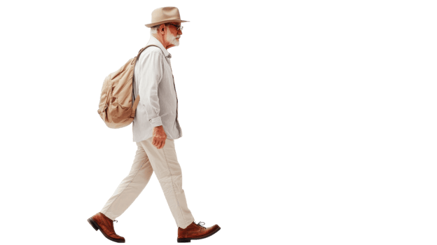 An elderly gentleman showcasing stylish and comfortable walking shoes suitable for outdoor activities and leisurely strolls, highlighting the importance of footwear in mobility and fashion.. png