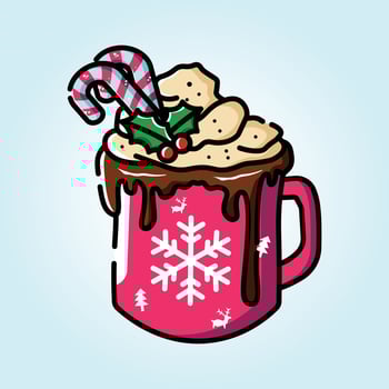 A Festive Christmas Hot Chocolate Mug Design with Whipped Cream, Candy Canes, and Holly Berry Garnish vector