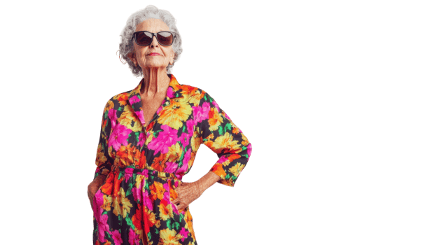 Vibrant Floral Jumpsuit Worn by an Elderly Woman, Perfect for Fashion and Lifestyle Imagery, Showcasing Trends in Age-Appropriate Attire and Colorful Styling. png