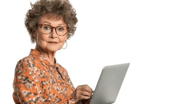 A Thoughtful Old Woman Dressed in Business Casual Attire, Perfect for Illustrating Generational Workplace Trends and Comfort in Professional Settings. png