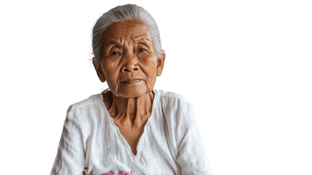 A Thoughtful Elderly Woman in a Simple White Blouse Reflecting Wisdom and Grace, Perfect for Illustrations about Aging and Life Experience. png