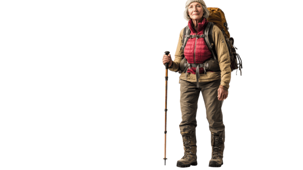 An elderly woman dressed in hiking gear confidently navigates through a scenic trail, showcasing determination and love for nature while using a walking stick to assist her on the journey.. png