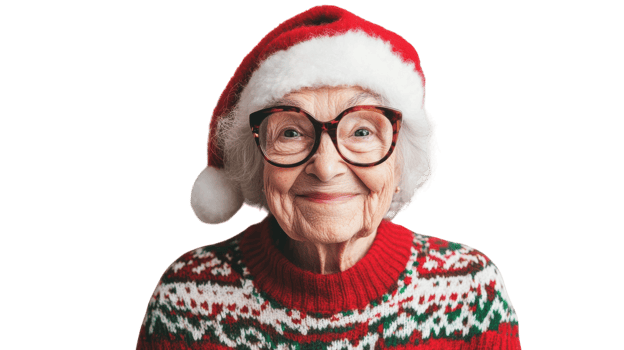 A Heartwarming Image of an Old Woman Wearing a Festive Christmas Sweater, Perfect for Celebrating Holiday Cheer and Family Gatherings. png