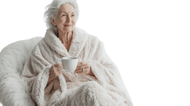 A Cozy and Warm Scene of an Old Woman Dressed in a Fluffy Bathrobe Perfect for Home Comfort Imagery. png