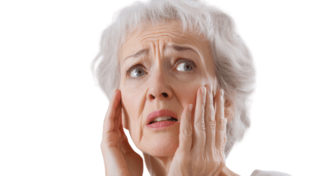 An Older Woman Expressing Concern While Touching Her Chin, Perfect for Emotional and Reflective Themes in Articles or Presentations. png
