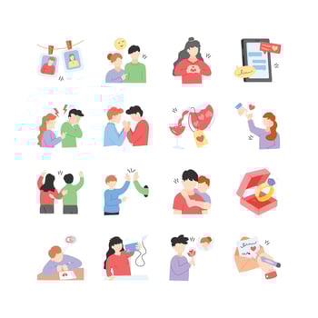 This set of illustrations depicts various romantic relationships and expressions, from happy couples to those experiencing conflict vector