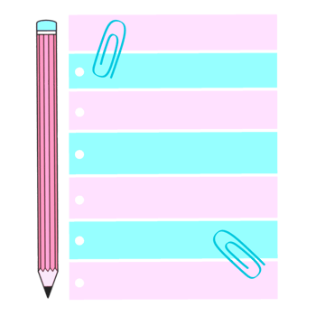 Pink and blue piece of paper with a pencil and blue paper clips, Clip art, Stationery png