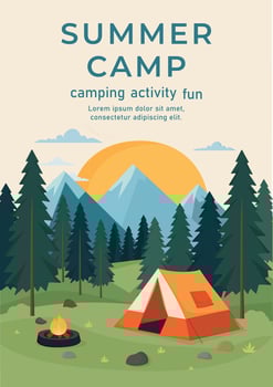 Summer camp promo flyer. Illustration of landscape, mountains, forest, tent, and a campfire. Camping in nature, picnic, traveling, hiking. Design for template, banner, poster, website, cover, flyer. vector
