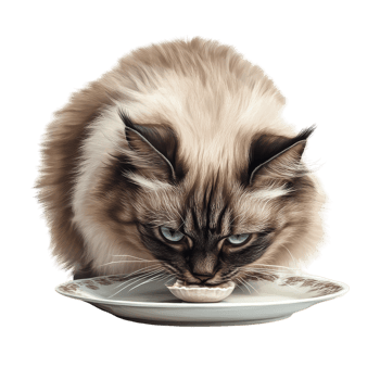 Long Haired Cat Enjoying a Meal from a Plate on transparent background png