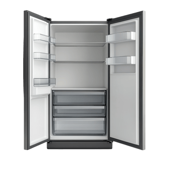 Opened Refrigerator Showcasing Fresh Food Items and Beverages on transparent background png