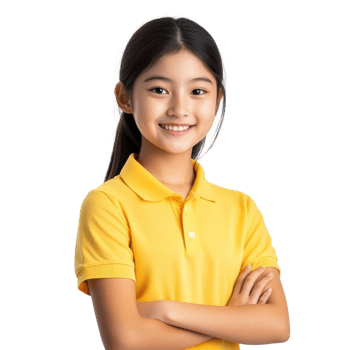 Smiling Young Asian Girl in Yellow Polo for Lifestyle and Fashion Imagery on transparent background png