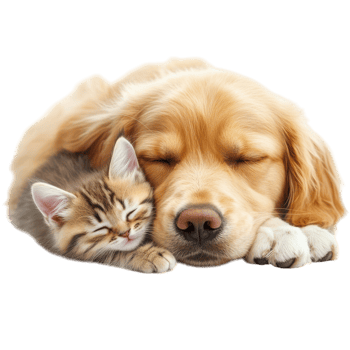 Golden Retriever Puppy and Cute Kitten Relaxing Together on transparent background. png