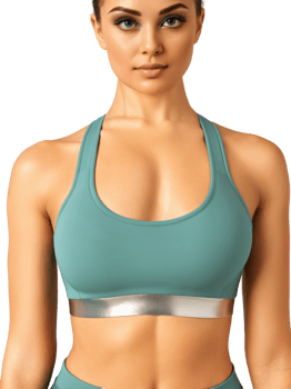 luxurious teal sports bra with intricate silver detailing along the straps and neckline. The fabric is soft and supportive, ideal png