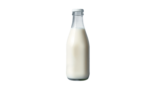 A simple yet elegant glass bottle filled with fresh, creamy milk, showcasing its pure, white color, perfect for breakfast or baking. png