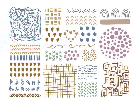 Abstract hand drawn textures pastel color collection. Different fluid shapes, pattern, brush strokes, lines, smears, waves and elements. vector