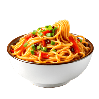 A bowl of noodles with vegetables and peppers png