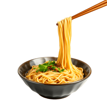 Chopsticks holding noodles in bowl isolated on black background png