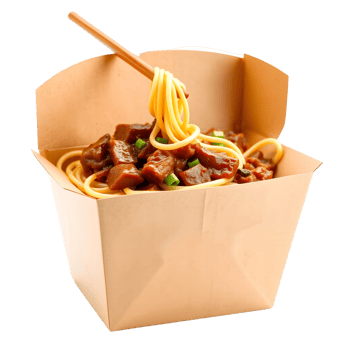 A takeout box with noodles and meat png