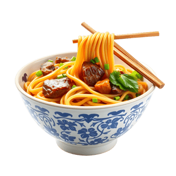 A bowl of noodles with meat and vegetables png