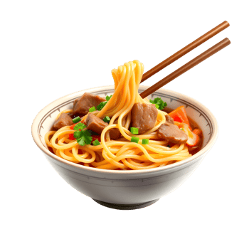 A bowl of noodles with chopsticks on a black background png