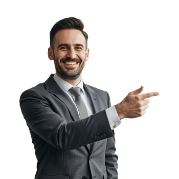 A cheerful, middle-aged man in a gray suit, pointing confidently to the right, against a pure transparent background. png