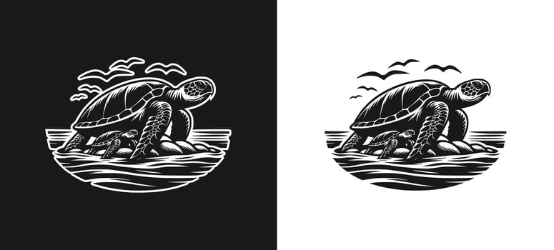 Vintage Style Sea Turtle on the Shore silhouette drawing vector