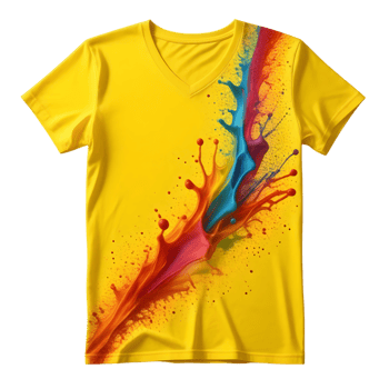 A yellow v - neck t - shirt with colorful paint splashes png