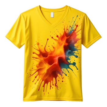 A yellow v - neck t - shirt with an abstract splash of paint png