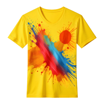 A yellow t - shirt with a colorful paint splatter png