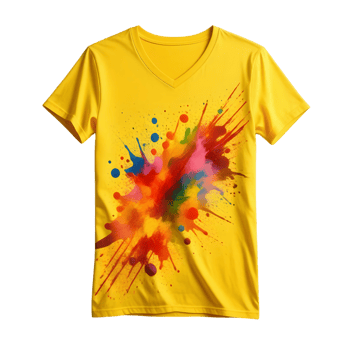 A yellow t - shirt with a colorful paint splatter png