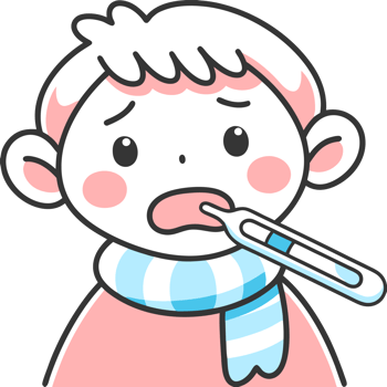 Illustration of a sick child measuring temperature with a thermometer in his mouth png