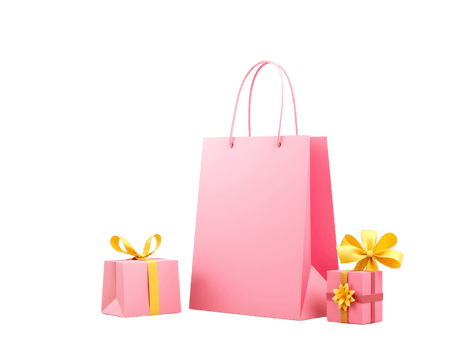 Pink shopping bag with gift boxes on black background png