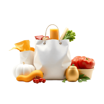 A white paper bag with vegetables and fruit on a black background png