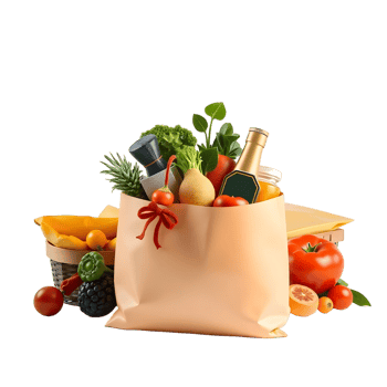A paper bag filled with groceries and vegetables png