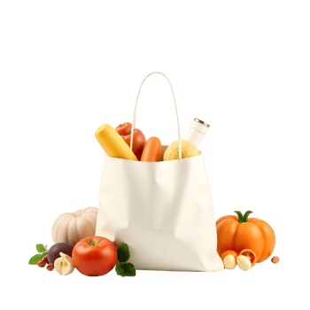 A white paper bag filled with vegetables and other food png