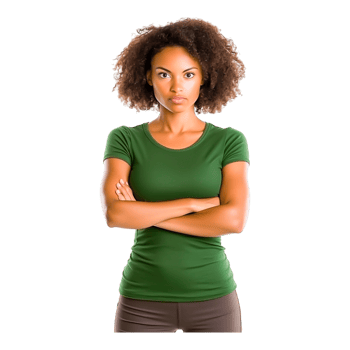 Confident Young Woman with Curly Hair in Casual Green T-Shirt png