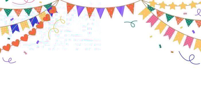 Horizontal frame with festive garlands, serpentine and confetti. Background with colorful bunting and flags. Holiday design. Template for banner, greeting card. Flat illustration on white vector