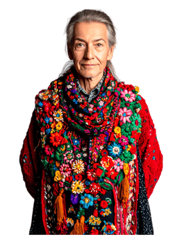 Elderly Woman in Colorful Traditional Floral Outfit with Scarf png