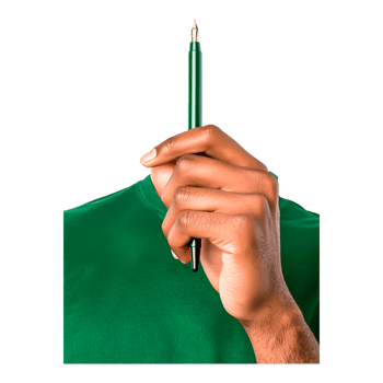 Green Shirt Hand Holding Pen for Writing and Creative Concept png