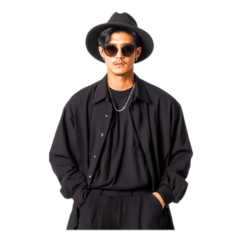 Stylish Young Man in Black Attire with Sunglasses and Hat png