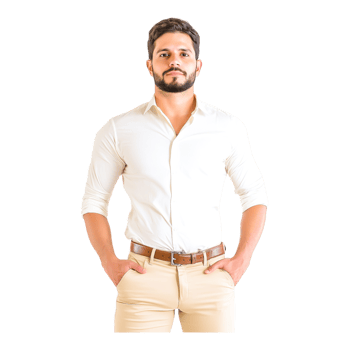 Confident man in white shirt posing with hands on hips and smiling png