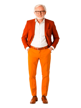 Confident Mature Man in Stylish Orange Suit Posing With Smile png