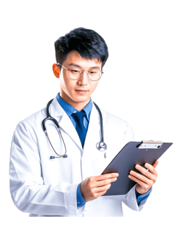 Young Male Doctor in White Coat Holding Clipboard with Stethoscope png